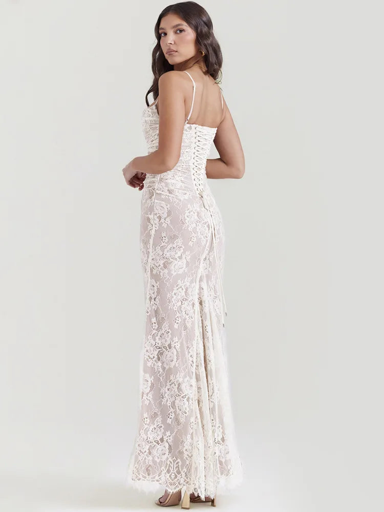 Elegante vestido largo con estampado de encaje para mujer, vestido largo sexy ajustado con tirantes finos y manga larga para fiesta y club
