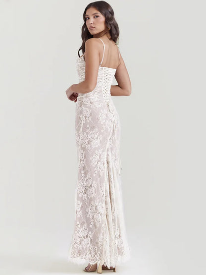 Elegante vestido largo con estampado de encaje para mujer, vestido largo sexy ajustado con tirantes finos y manga larga para fiesta y club
