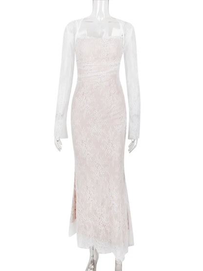 Elegante vestido largo con estampado de encaje para mujer, vestido largo sexy ajustado con tirantes finos y manga larga para fiesta y club