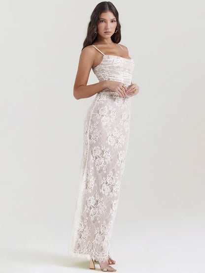 Elegante vestido largo con estampado de encaje para mujer, vestido largo sexy ajustado con tirantes finos y manga larga para fiesta y club