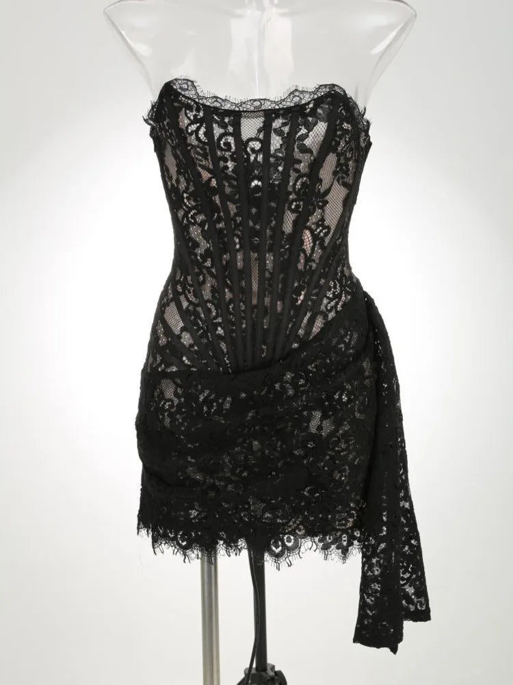 Elegant Lace Strapless Sexy Mini Dress For Women Fashion Off-shoulder Irregular Ruched Bodycon Night Club Party Dress