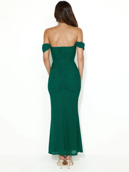 Elegante vestido largo ajustado con hombros descubiertos para mujer, de malla de dos capas, a la moda, sin tirantes ni espalda descubierta, para fiesta en discoteca o discoteca.