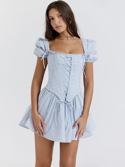 Elegante minivestido sexy de manga corta abullonada para mujer, a la moda, con cuello cuadrado, sin espalda, corte A, plisado, para fiesta, club, vintage