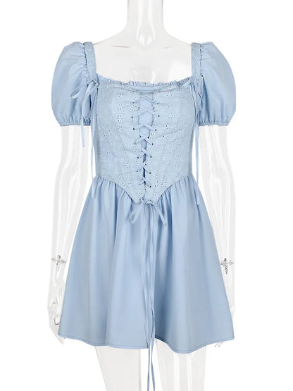 Elegante minivestido sexy de manga corta abullonada para mujer, a la moda, con cuello cuadrado, sin espalda, corte A, plisado, para fiesta, club, vintage