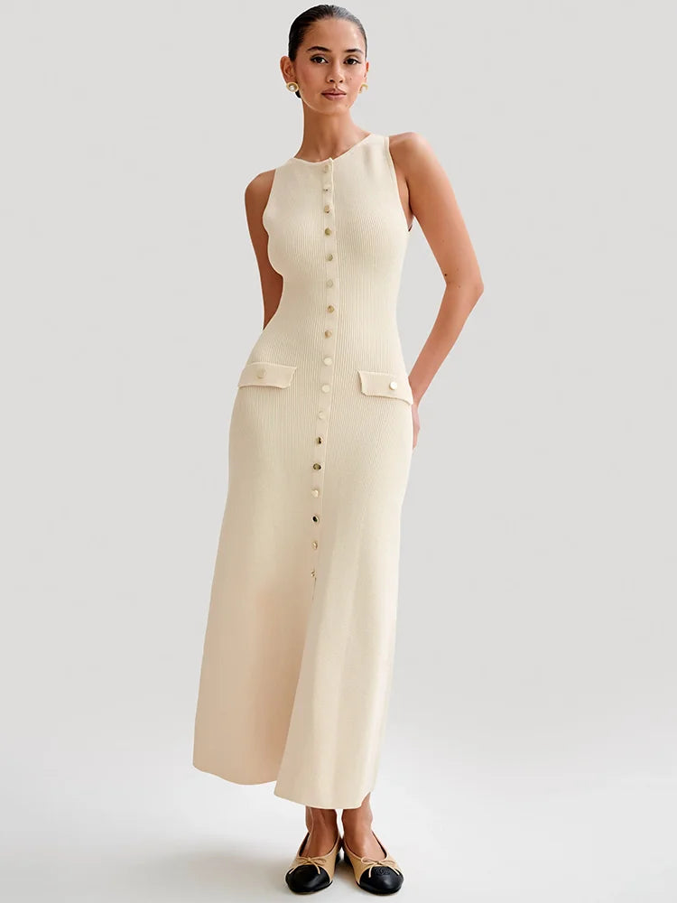 Elegant Sleeveless Buttoned Maxi Dress For Women Fashion Solid Round Two Pocket Slim Knit Long Dress Knitwear New
