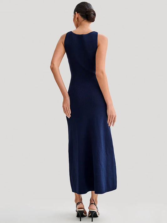 Elegant Sleeveless Buttoned Maxi Dress For Women Fashion Solid Round Two Pocket Slim Knit Long Dress Knitwear New
