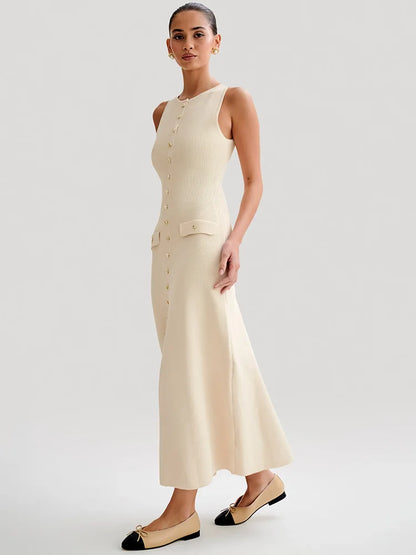 Elegant Sleeveless Buttoned Maxi Dress For Women Fashion Solid Round Two Pocket Slim Knit Long Dress Knitwear New