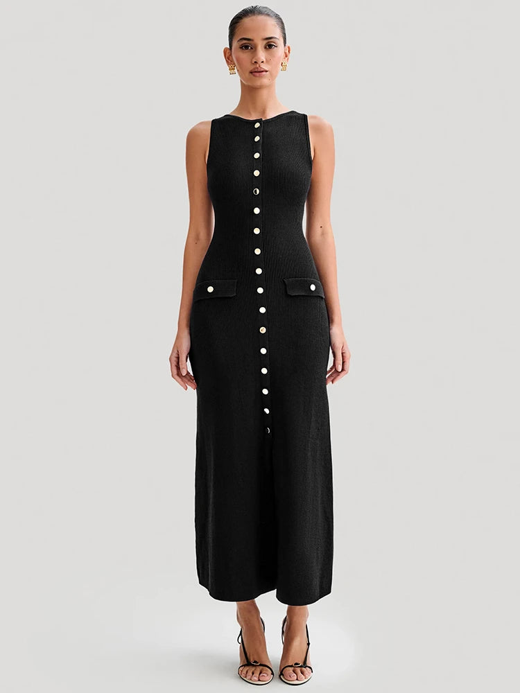 Elegant Sleeveless Buttoned Maxi Dress For Women Fashion Solid Round Two Pocket Slim Knit Long Dress Knitwear New