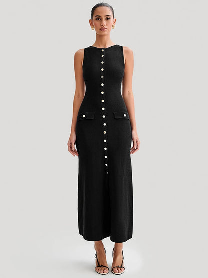Elegant Sleeveless Buttoned Maxi Dress For Women Fashion Solid Round Two Pocket Slim Knit Long Dress Knitwear New