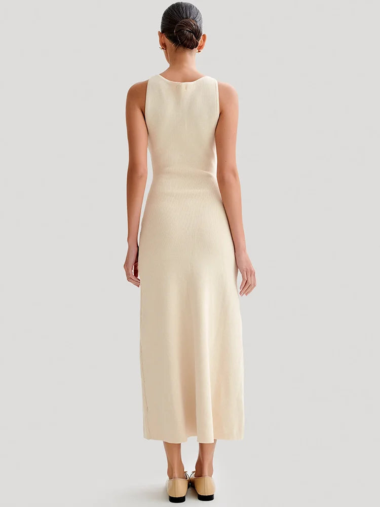 Elegant Sleeveless Buttoned Maxi Dress For Women Fashion Solid Round Two Pocket Slim Knit Long Dress Knitwear New