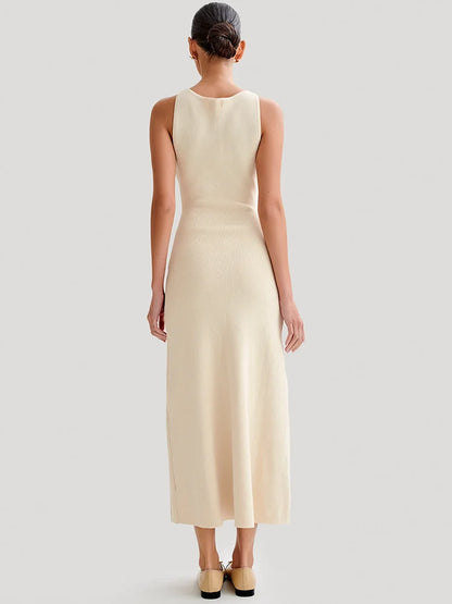 Elegant Sleeveless Buttoned Maxi Dress For Women Fashion Solid Round Two Pocket Slim Knit Long Dress Knitwear New