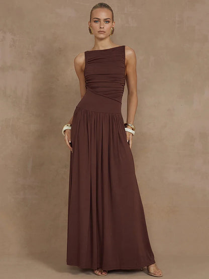Elegante vestido largo sin mangas para mujer, moda sólida, cuello barco, vestidos de tirantes, vestido largo fruncido sexy para mujer, nuevo vestido