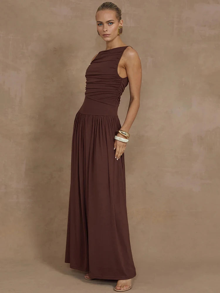 Elegante vestido largo sin mangas para mujer, moda sólida, cuello barco, vestidos de tirantes, vestido largo fruncido sexy para mujer, nuevo vestido
