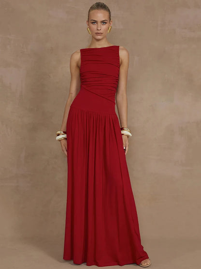 Elegante vestido largo sin mangas para mujer, moda sólida, cuello barco, vestidos de tirantes, vestido largo fruncido sexy para mujer, nuevo vestido