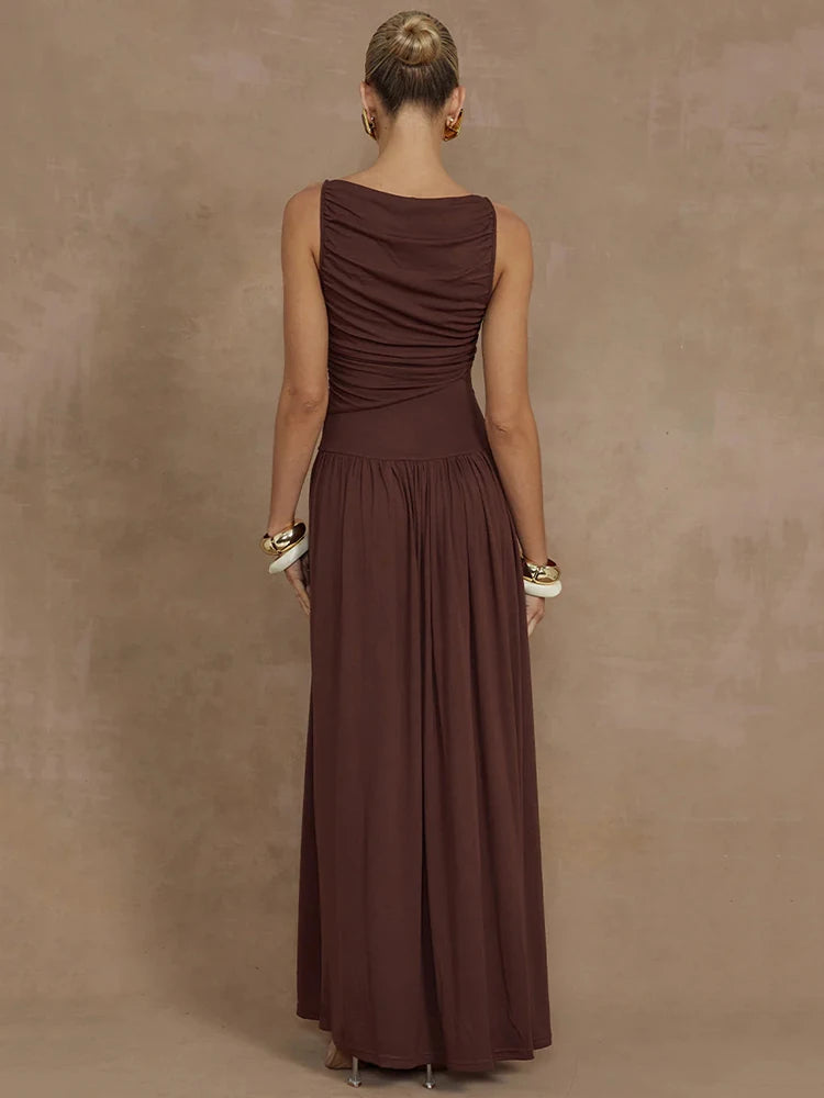 Elegante vestido largo sin mangas para mujer, moda sólida, cuello barco, vestidos de tirantes, vestido largo fruncido sexy para mujer, nuevo vestido