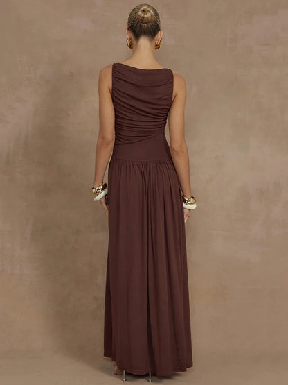 Elegante vestido largo sin mangas para mujer, moda sólida, cuello barco, vestidos de tirantes, vestido largo fruncido sexy para mujer, nuevo vestido