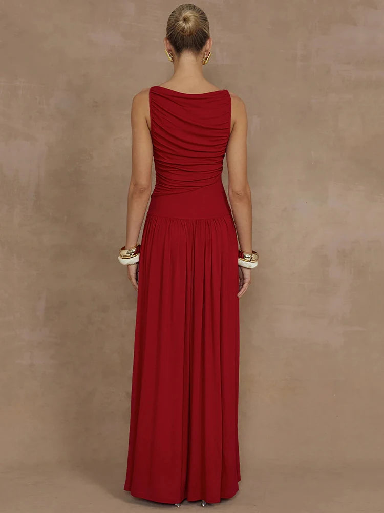 Elegante vestido largo sin mangas para mujer, moda sólida, cuello barco, vestidos de tirantes, vestido largo fruncido sexy para mujer, nuevo vestido