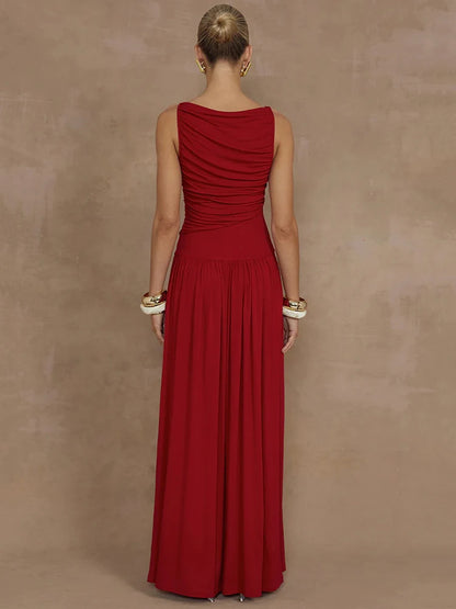 Elegante vestido largo sin mangas para mujer, moda sólida, cuello barco, vestidos de tirantes, vestido largo fruncido sexy para mujer, nuevo vestido