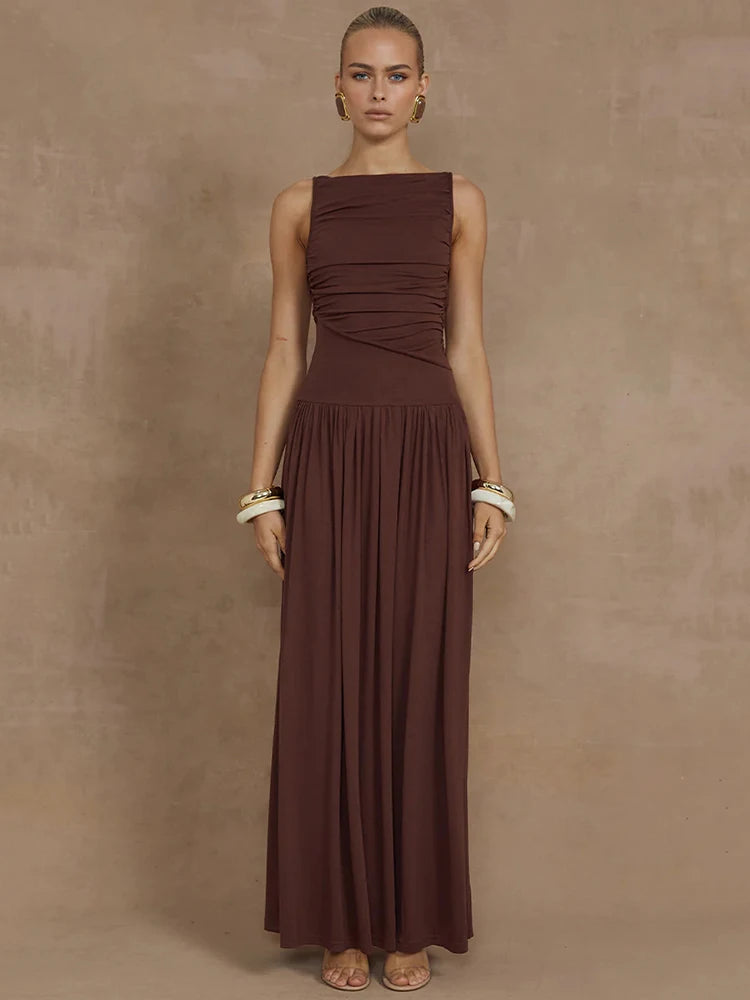 Elegante vestido largo sin mangas para mujer, moda sólida, cuello barco, vestidos de tirantes, vestido largo fruncido sexy para mujer, nuevo vestido