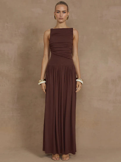 Elegante vestido largo sin mangas para mujer, moda sólida, cuello barco, vestidos de tirantes, vestido largo fruncido sexy para mujer, nuevo vestido