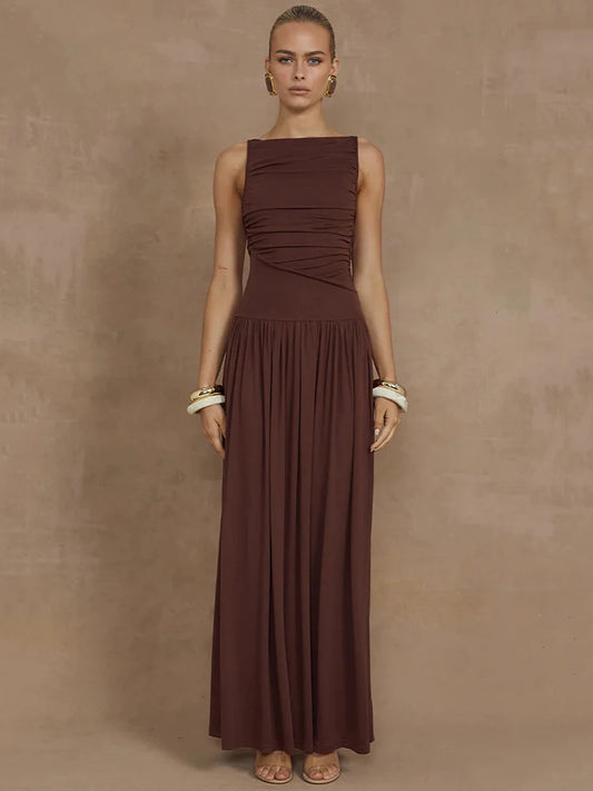 Elegant Sleeveless Maxi Dress For Women Fashion Solid Boat Neck Tank Dresses Ladies Sexy Ruched Long Dress New Gown