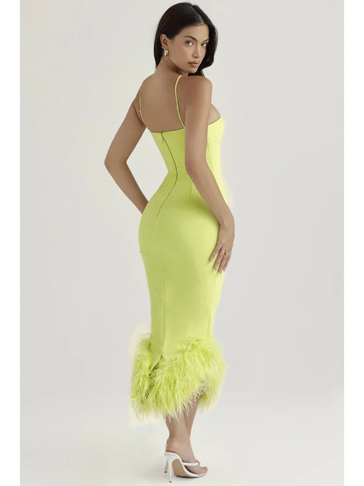 Elegant Spaghetti Strap Feather Midi Dress For Women Robe Fashion Sexy Backless Bodycon Club Party Dress Vestido