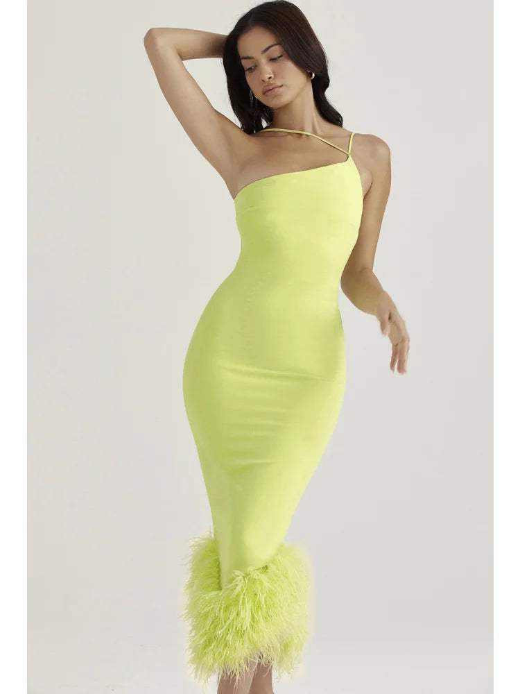 Elegant Spaghetti Strap Feather Midi Dress For Women Robe Fashion Sexy Backless Bodycon Club Party Dress Vestido