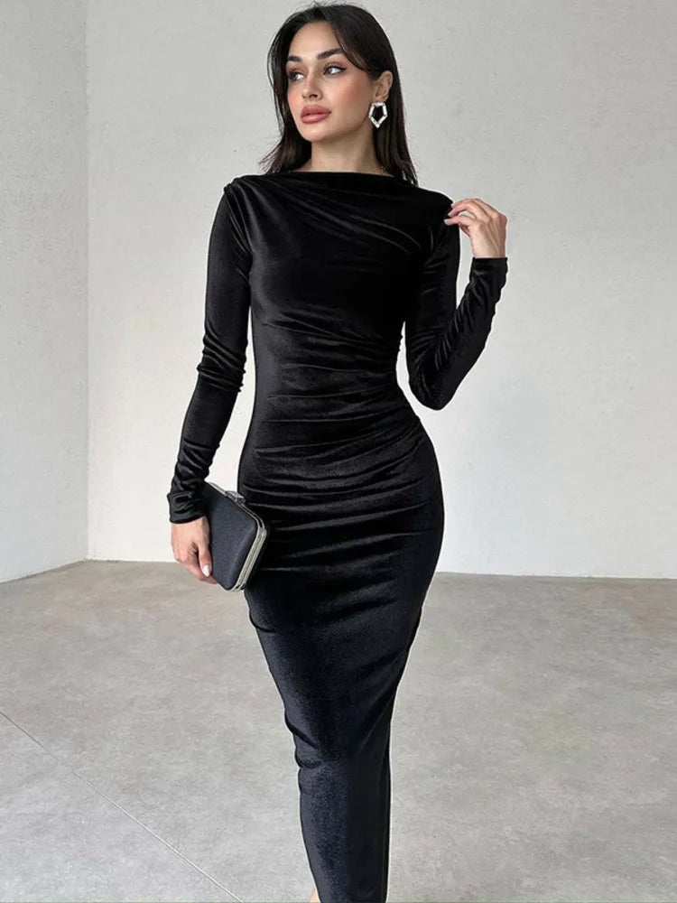Elegante vestido maxi sexy de terciopelo de manga larga para mujer Otoño Invierno Nueva moda Cuello redondo Bodycon Club Fiesta Vestido largo
