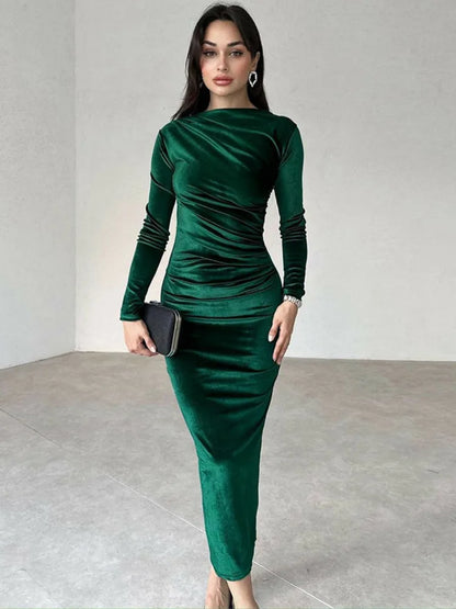 Elegante vestido maxi sexy de terciopelo de manga larga para mujer Otoño Invierno Nueva moda Cuello redondo Bodycon Club Fiesta Vestido largo
