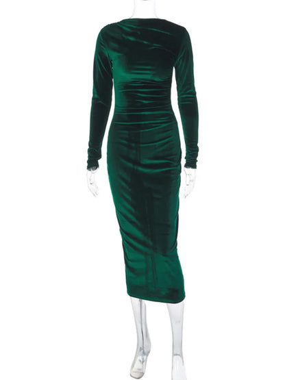 Elegante vestido maxi sexy de terciopelo de manga larga para mujer Otoño Invierno Nueva moda Cuello redondo Bodycon Club Fiesta Vestido largo