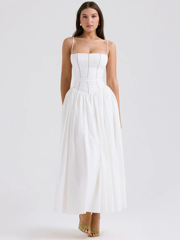 Elegant White Sundress Spaghetti Strap Backless Midi Dress For Women Fashion Sleeveless A-line Loose Long Dress New