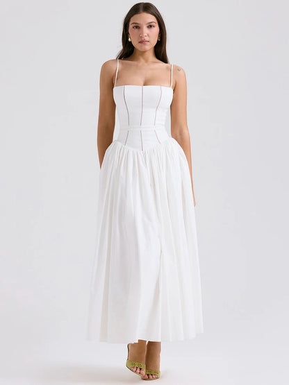 Elegant White Sundress Spaghetti Strap Backless Midi Dress For Women Fashion Sleeveless A-line Loose Long Dress New