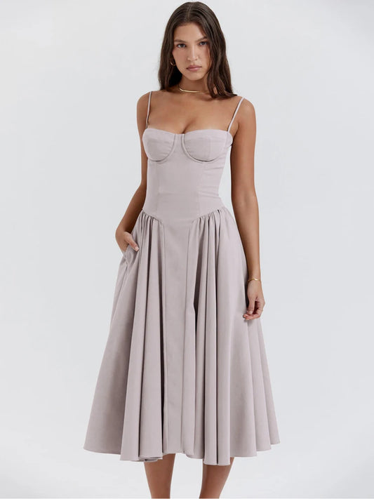 Elegant Women Dress Spaghetti Strap A-line Loose Midi Dresses Female Sleeveless Backless French Retro Long Dress