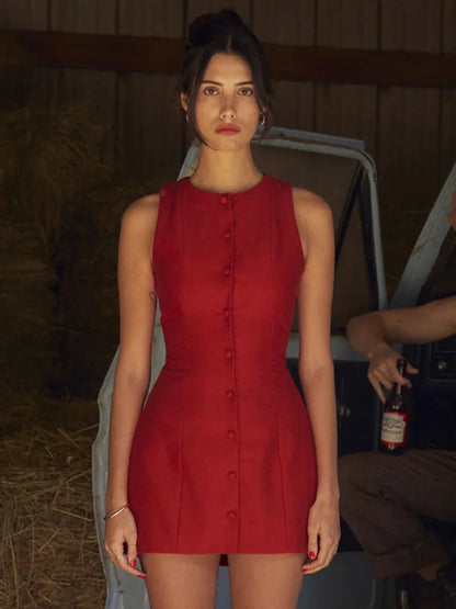 Vestido mini sexy sin mangas de moda para mujer, nuevo vestido de fiesta ajustado con cuello redondo y una sola botonadura para discoteca, ropa femenina