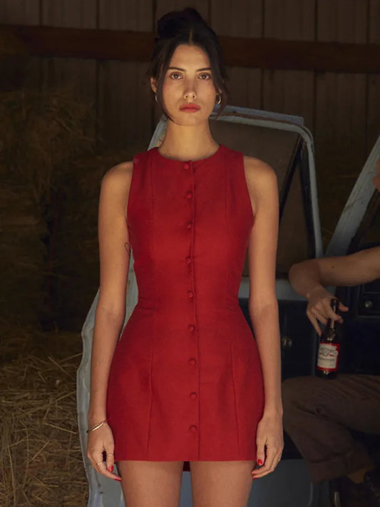 Vestido mini sexy sin mangas de moda para mujer, nuevo vestido de fiesta ajustado con cuello redondo y una sola botonadura para discoteca, ropa femenina