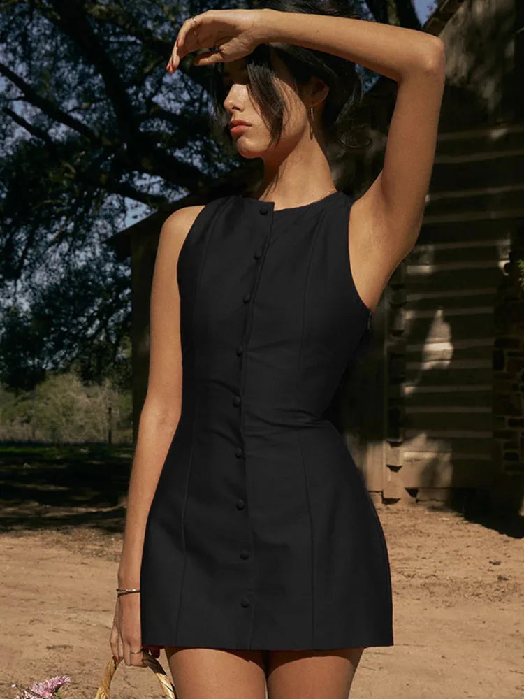Vestido mini sexy sin mangas de moda para mujer, nuevo vestido de fiesta ajustado con cuello redondo y una sola botonadura para discoteca, ropa femenina