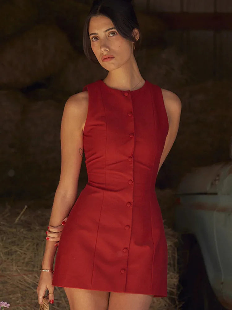 Vestido mini sexy sin mangas de moda para mujer, nuevo vestido de fiesta ajustado con cuello redondo y una sola botonadura para discoteca, ropa femenina