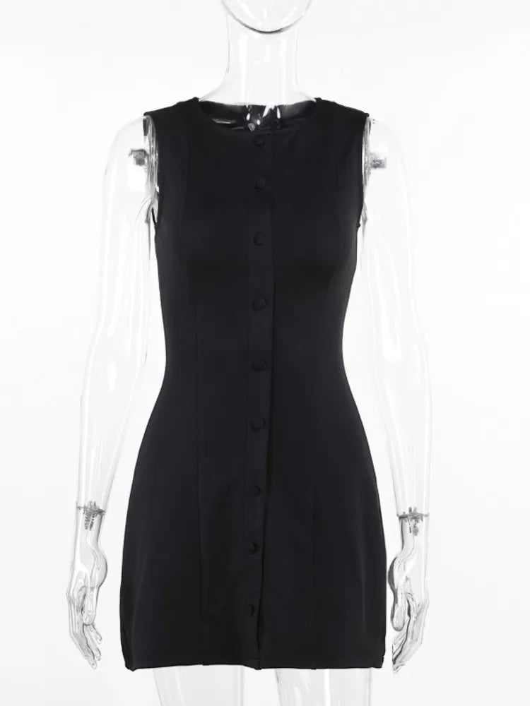 Vestido mini sexy sin mangas de moda para mujer, nuevo vestido de fiesta ajustado con cuello redondo y una sola botonadura para discoteca, ropa femenina