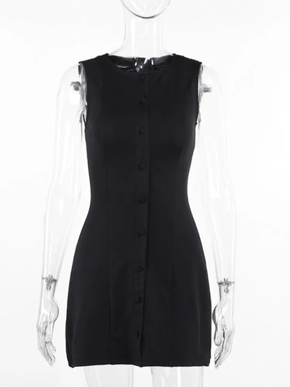 Vestido mini sexy sin mangas de moda para mujer, nuevo vestido de fiesta ajustado con cuello redondo y una sola botonadura para discoteca, ropa femenina