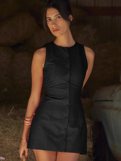 Vestido mini sexy sin mangas de moda para mujer, nuevo vestido de fiesta ajustado con cuello redondo y una sola botonadura para discoteca, ropa femenina