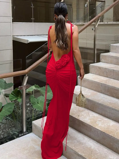 Floral Backless Sexy Maxi Dress Women Fashion Spaghetti Strap Sleeveless Bodycon Club Party Sexy Long Fishtail Dress