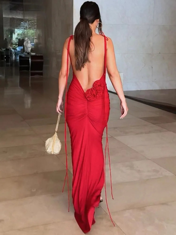 Floral Backless Sexy Maxi Dress Women Fashion Spaghetti Strap Sleeveless Bodycon Club Party Sexy Long Fishtail Dress