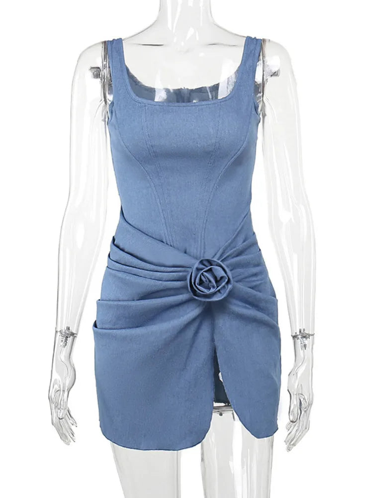 Flower Denim Mini Dress For Women Fashion Strapless Backless Ruched Dresses Femme Sleeveless Skinny Sexy Dress