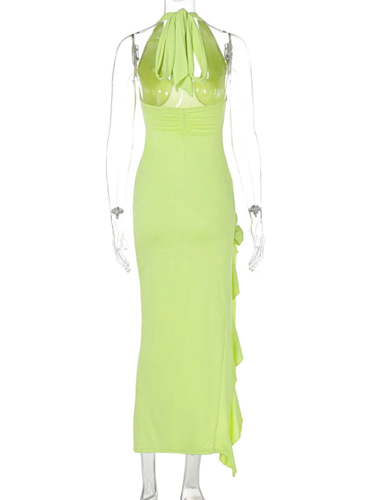 Vestido largo drapeado con flores y abertura para mujer, moda, cuello halter, escote en V profundo, sin mangas, espalda descubierta, ajustado, para fiesta y club.