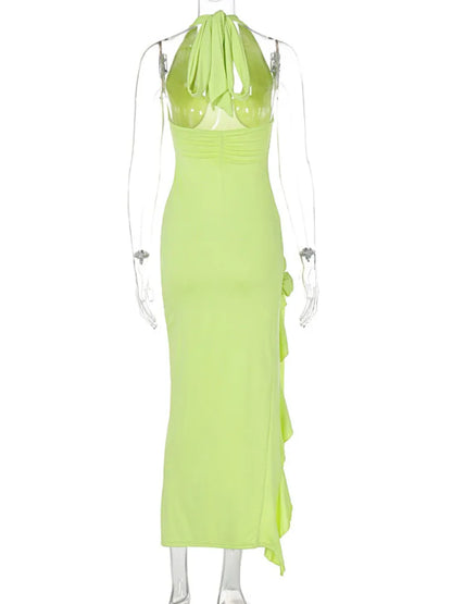 Vestido largo drapeado con flores y abertura para mujer, moda, cuello halter, escote en V profundo, sin mangas, espalda descubierta, ajustado, para fiesta y club.