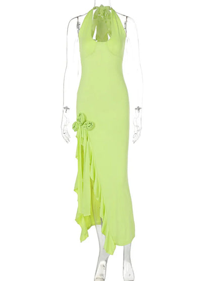Vestido largo drapeado con flores y abertura para mujer, moda, cuello halter, escote en V profundo, sin mangas, espalda descubierta, ajustado, para fiesta y club.