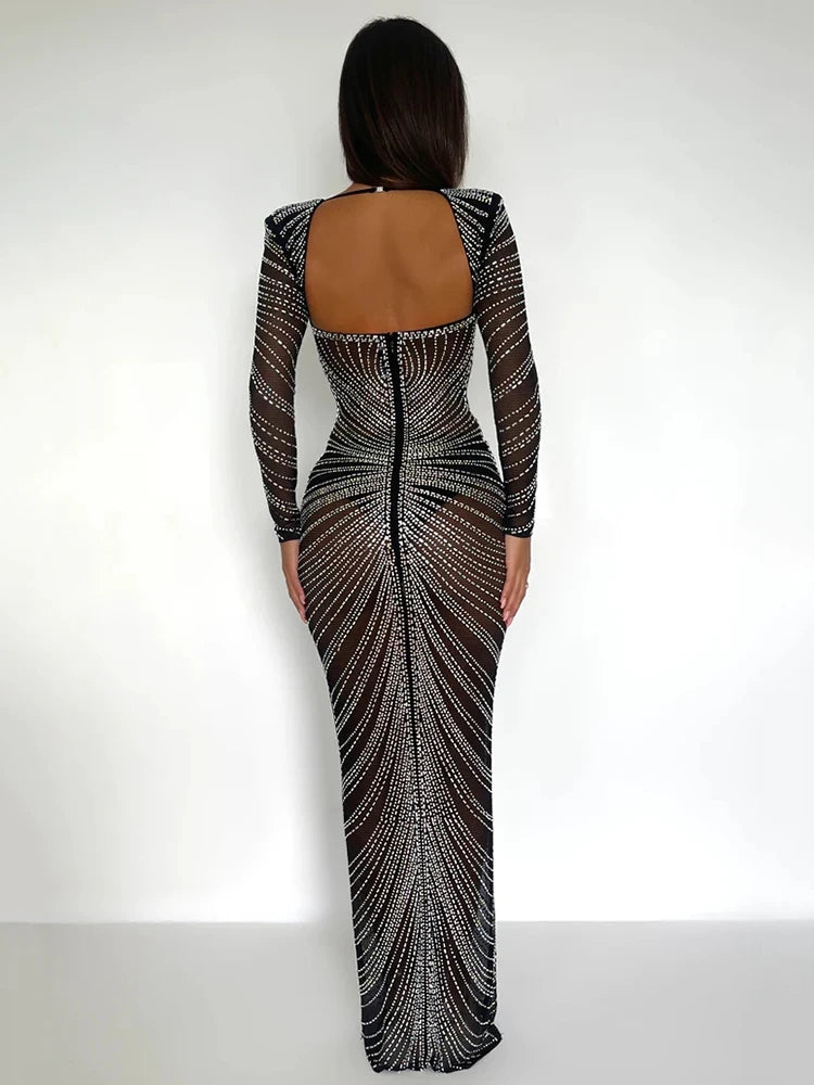 Vestido largo de fiesta transparente de malla brillante para mujer, vestido de noche largo ajustado de manga larga y sexy para discoteca