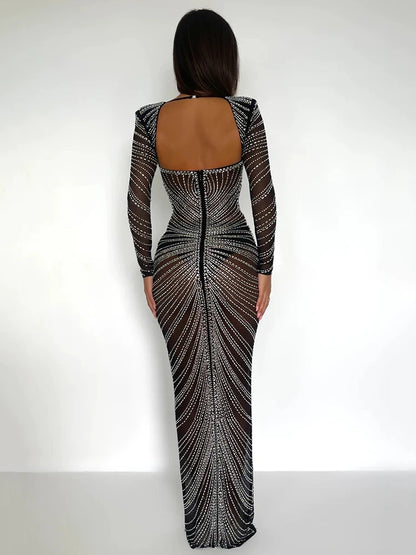 Vestido largo de fiesta transparente de malla brillante para mujer, vestido de noche largo ajustado de manga larga y sexy para discoteca