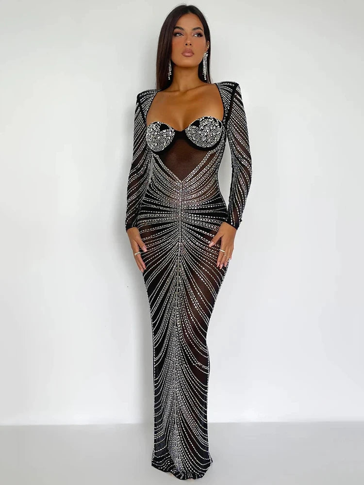 Vestido largo de fiesta transparente de malla brillante para mujer, vestido de noche largo ajustado de manga larga y sexy para discoteca