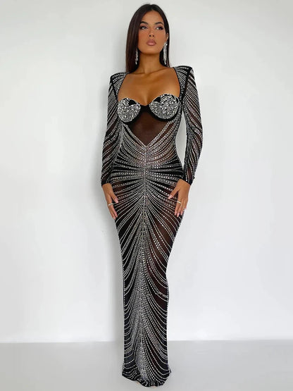 Vestido largo de fiesta transparente de malla brillante para mujer, vestido de noche largo ajustado de manga larga y sexy para discoteca